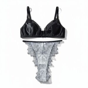 Kilo Brava Black Satin Lace Trim Bra & Panty Lingerie Set Small
